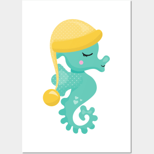 Cute Seahorse, Green Seahorse, Sleeping Seahorse Posters and Art